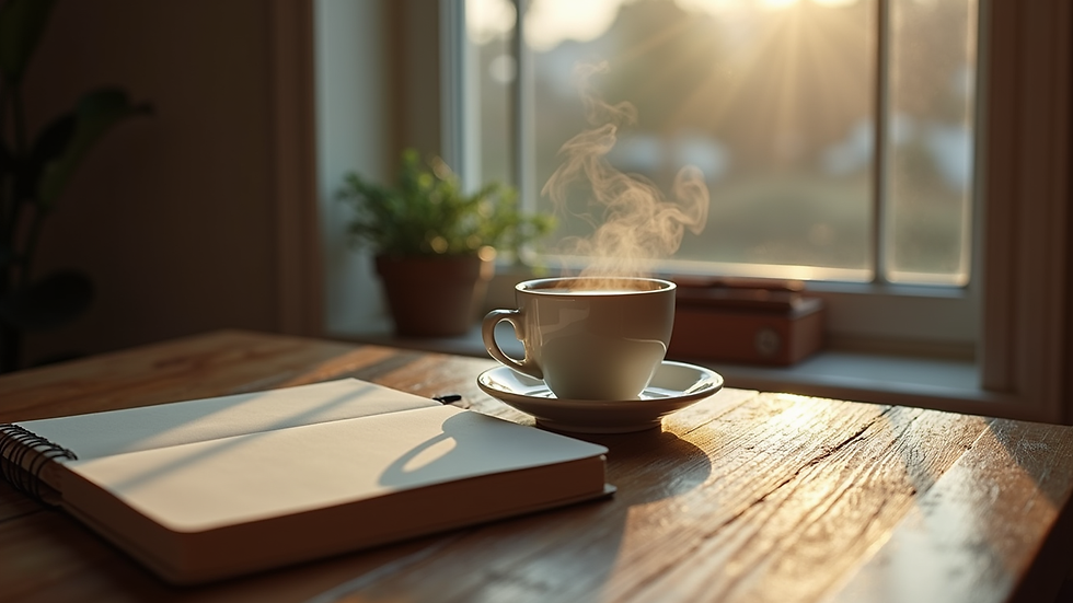 Eye-level view of a cozy writing nook with a notebook and a steaming cup of coffee