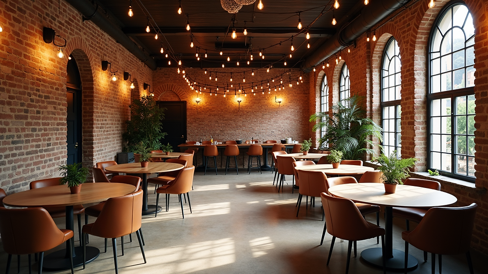 High angle view of stylish event space with exposed brick walls