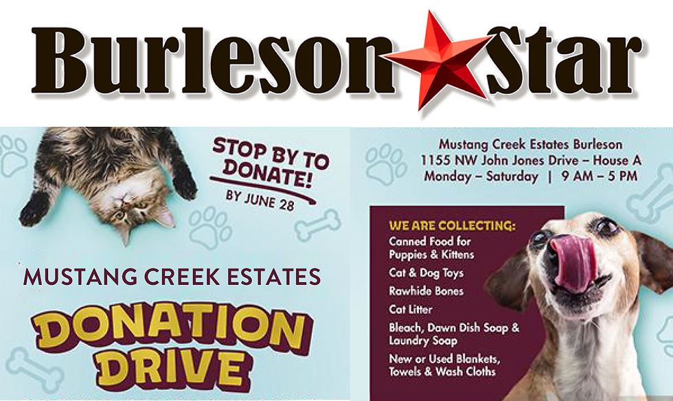 Donation drive supporting the Joshua City Animal Shelter at Mustang Creek Estates of Burleson.