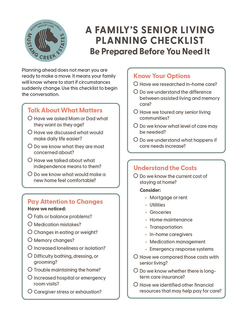 Downloadable Guide: A Family’s Senior Living Planning Checklist. Be Prepared Before You Need it.