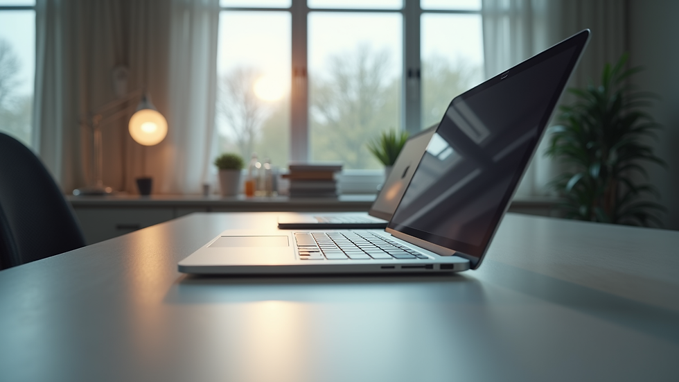 Eye-level view of a modern workspace with a focus on a sleek desk and a laptop