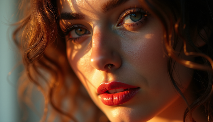 Close-up view of a model showcasing natural beauty in a glamour photoshoot