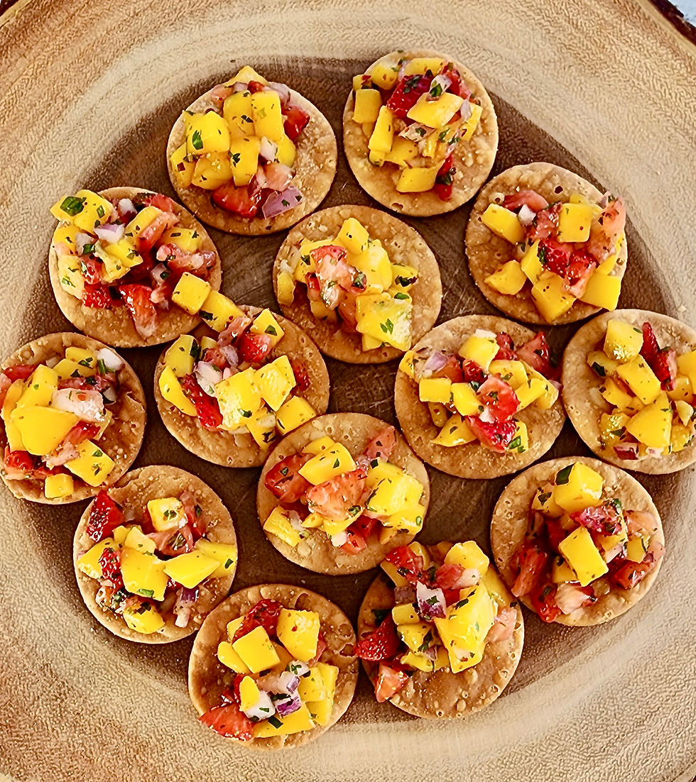 This Mango Salsa is a refreshing, fruit-forward twist on a classic—bursting with tropical sweetness, a hint of heat, and fresh herbs. Juicy mango and strawberries mix with red onion, mint, cilantro, and a punch of Tajin to create a salsa that’s bright, bold, and irresistibly scoopable. It’s served with papdi—a crispy Indian cracker made from flour and spices, often used in chaats—which is air-fried here for an extra crunch. Perfect as an appetizer or a fun, flavourful snack!