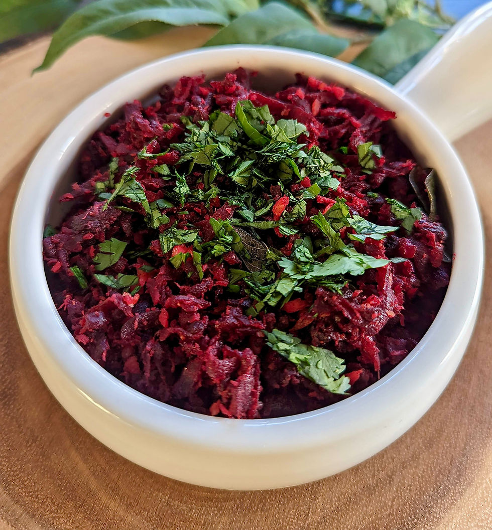 Earthy, naturally sweet beets get a flavourful upgrade in this South Indian style stir-fry. Tempered with mustard seeds, curry leaves, and a warm spice mix, then finished with coconut for texture, this side dish is bold, vibrant, and perfect alongside roti or dal.