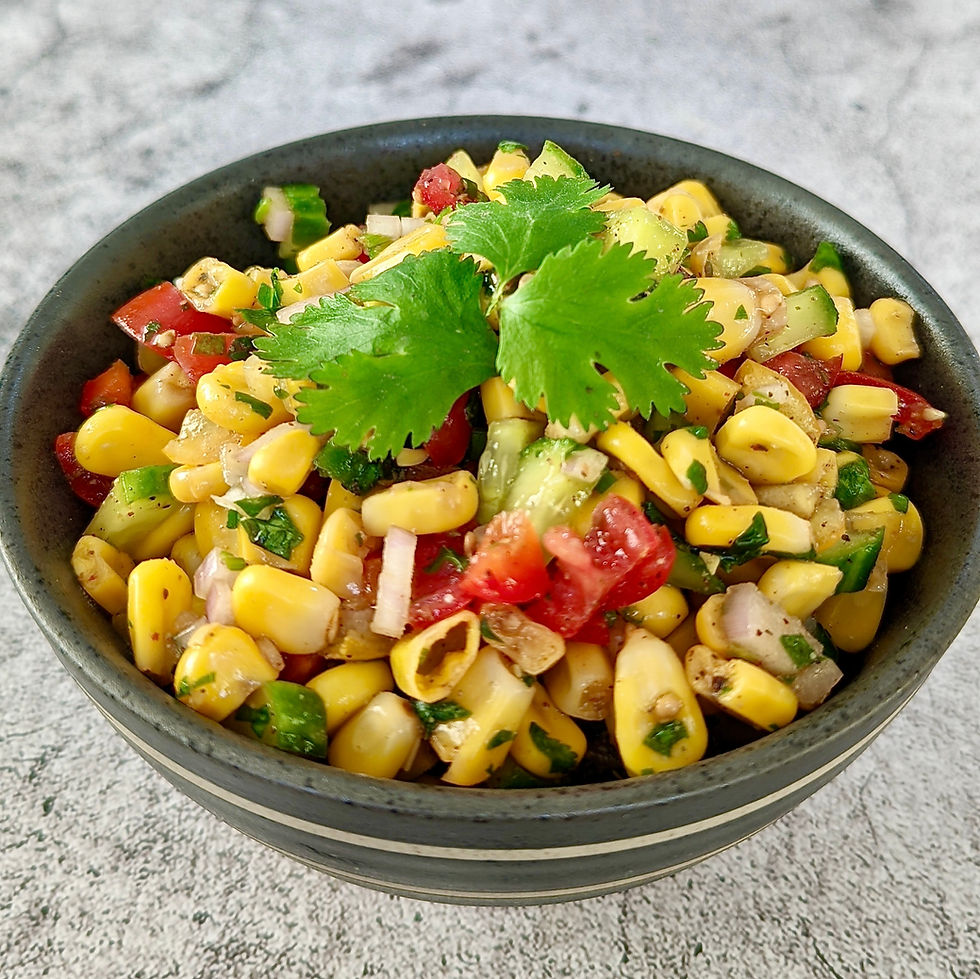 Here's a salad that is packed with exciting and bold flavours. It’s a refreshing blend of sweet corn and crisp veggies in a bold and tangy mix of chaat masala, tamarind chutney, and spices. Perfect as a side salad, or as a standout side dish at your next BBQ!