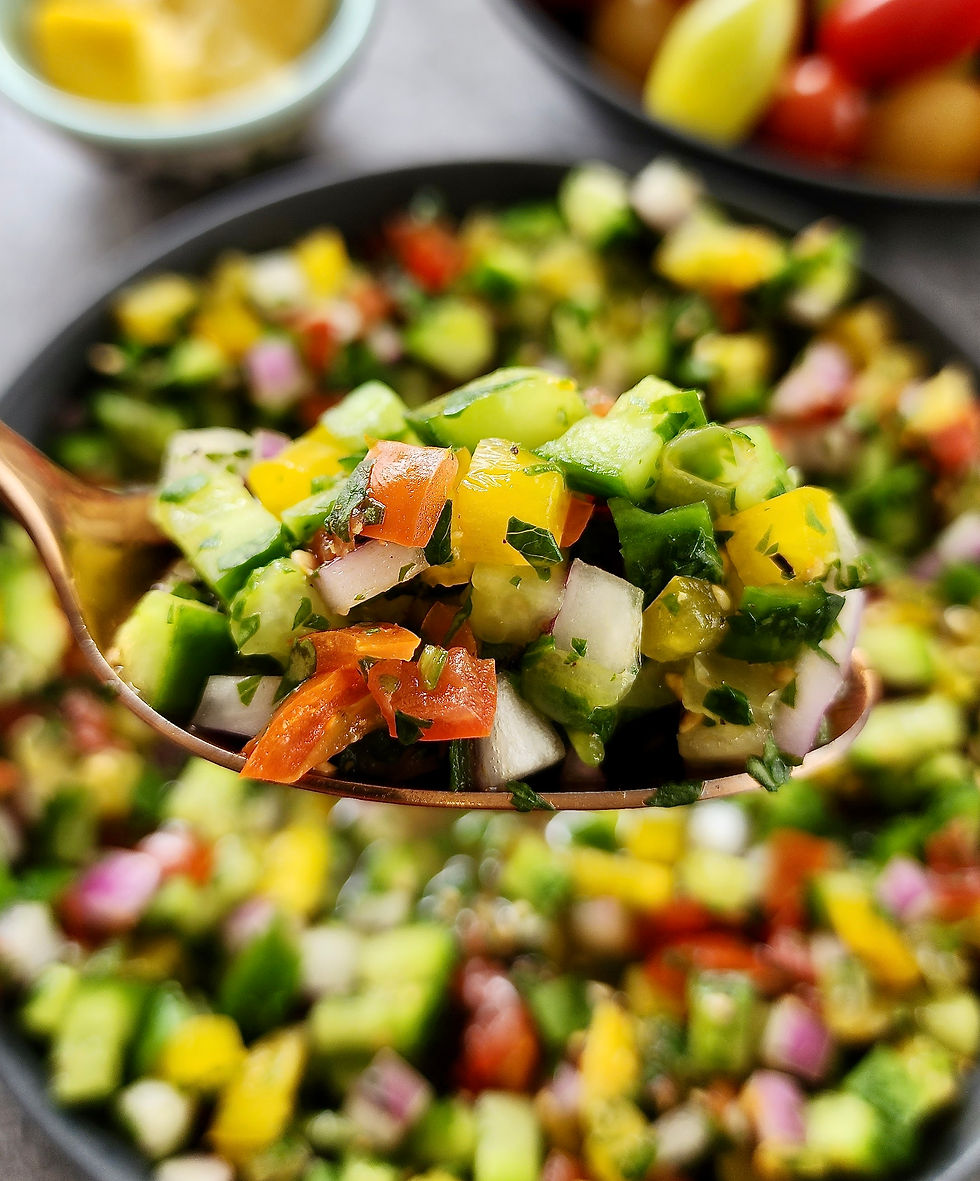 Kachumber salad is a classic Indian side that perfectly complements spicy mains. This crisp and refreshing mix of cucumbers, tomatoes, onions, and bell pepper tossed with black salt, chat masala, lemon juice, and fresh cilantro adds a cool, tangy crunch to every meal. Simple, vibrant, and essential on the Indian dining table!