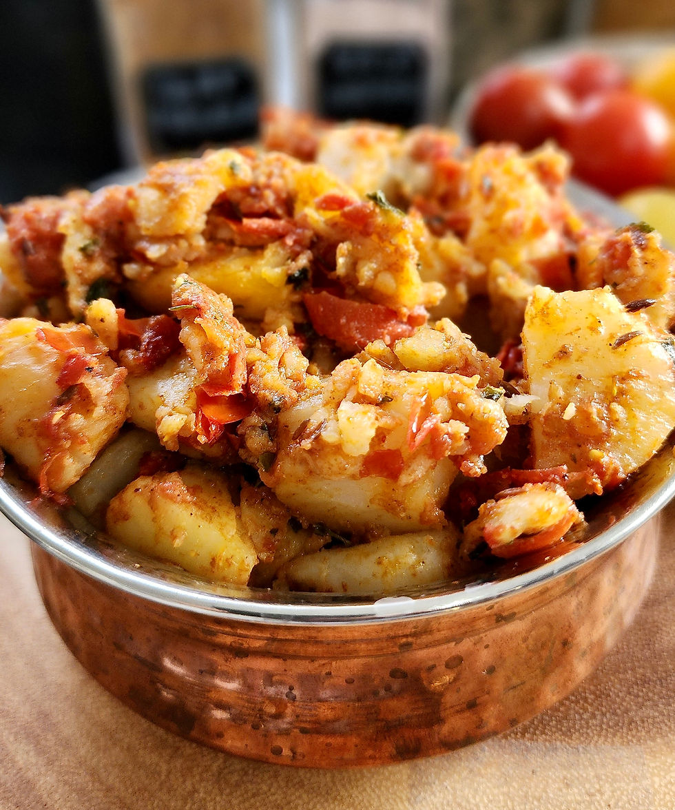 This dish holds a special place in my heart—my mum used to make these spiced potatoes during fasts, and it became a beloved childhood favourite. Think of it as my version of mashed potatoes, but with an Indian twist. Boiled potatoes tossed in a lightly spiced tomato base with warming spices like cumin, coriander, and kasuri methi, it’s simple, comforting, and perfect with rotis, parathas, or even as a filling for wraps/toasties.