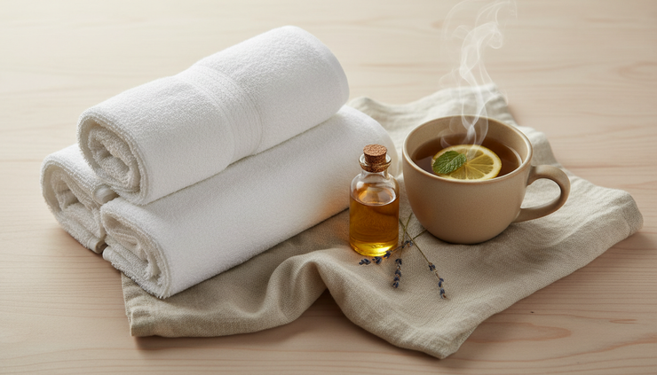 Overhead view of folded towels, massage oil, and a cup of herbal tea