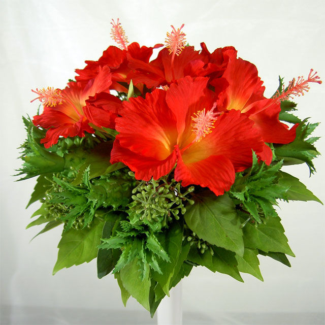 サムネイル： キュッとまとめたハイビスカスのラウンドブーケ