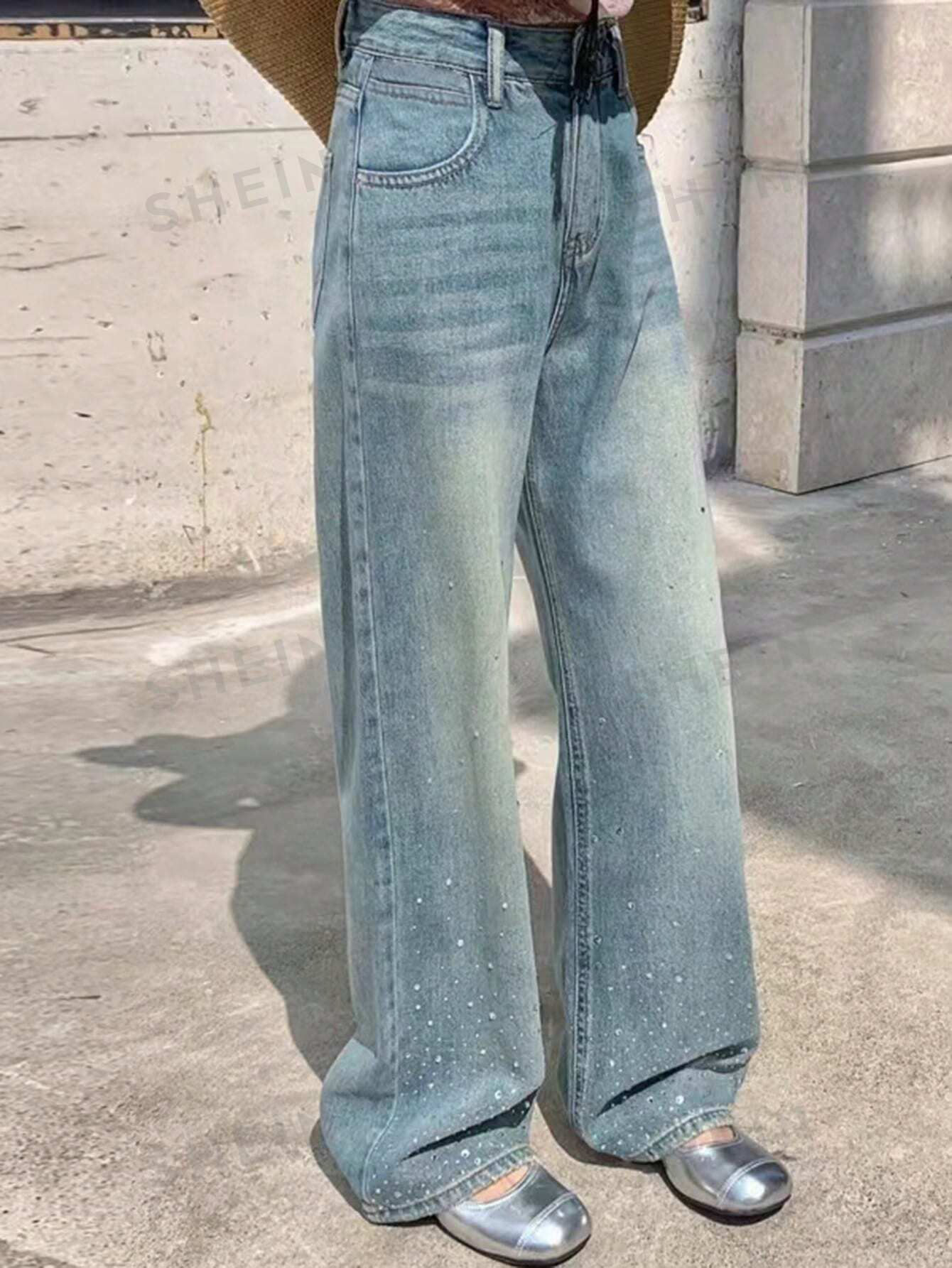 Vaqueros anchos informales con estampado floral all-over y bolsillo para mujer