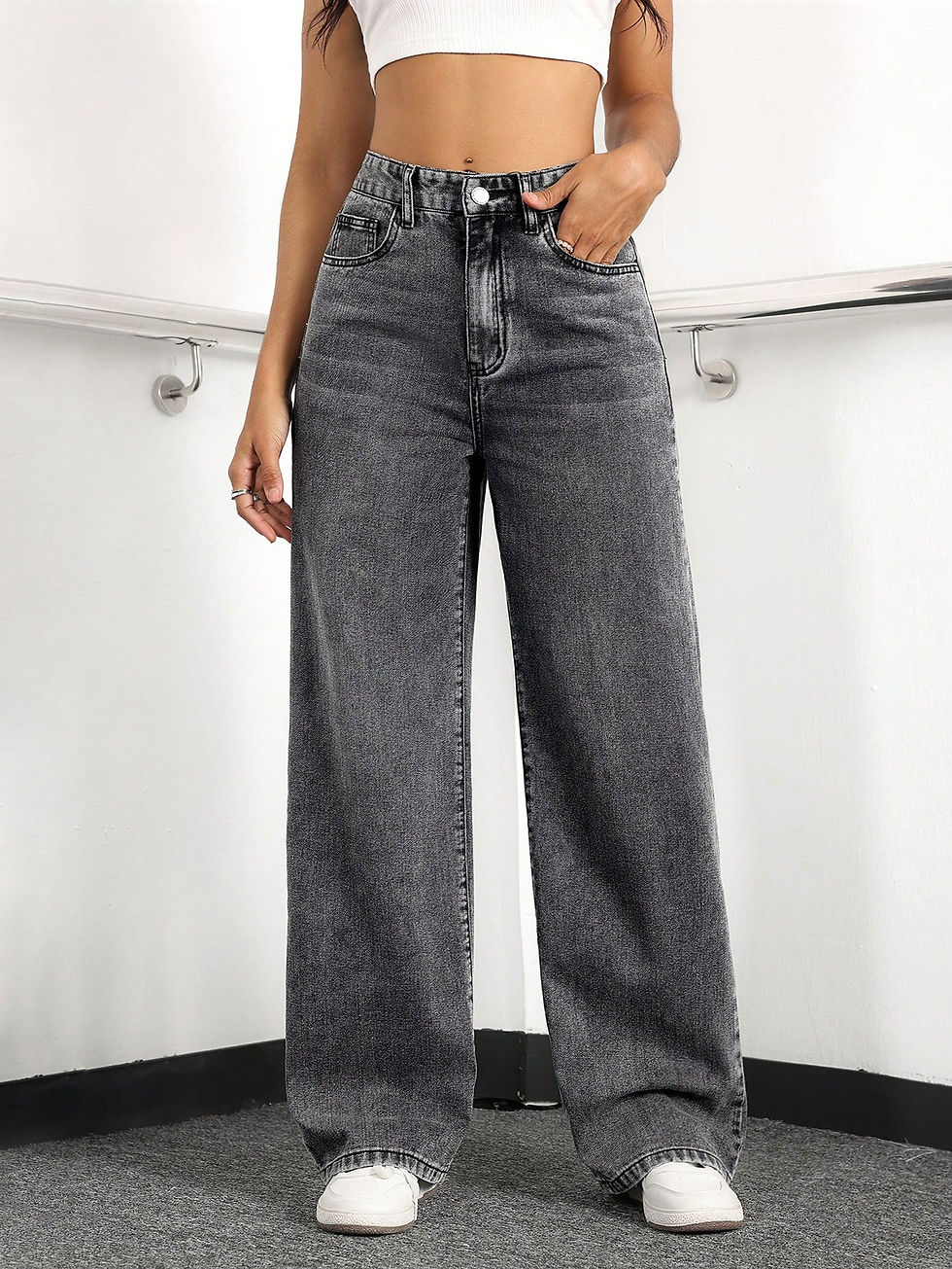 Miniatura:  Jeans de mezclilla casuales y cómodos de pierna ancha con bolsillos para mujer