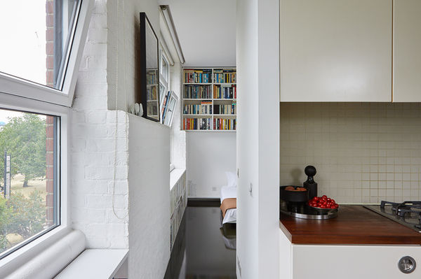 A photograph towards the bedroom, from the open-plan space at the Rosoman Loft designed by Studio Felicity Bell.