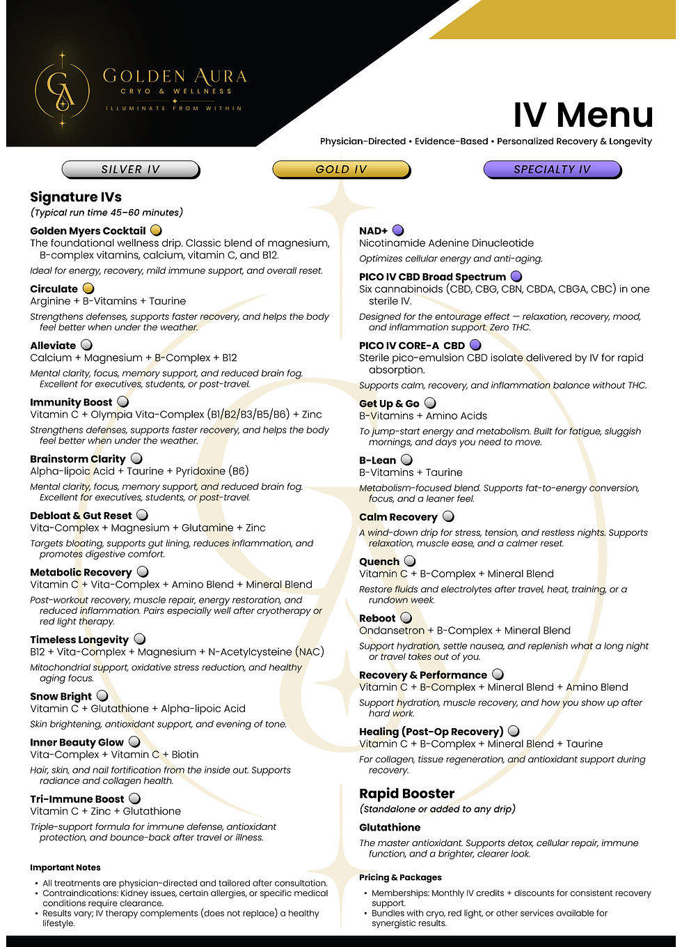 IV therapy menu at Golden Aura Cryo & Wellness, Waukesha WI