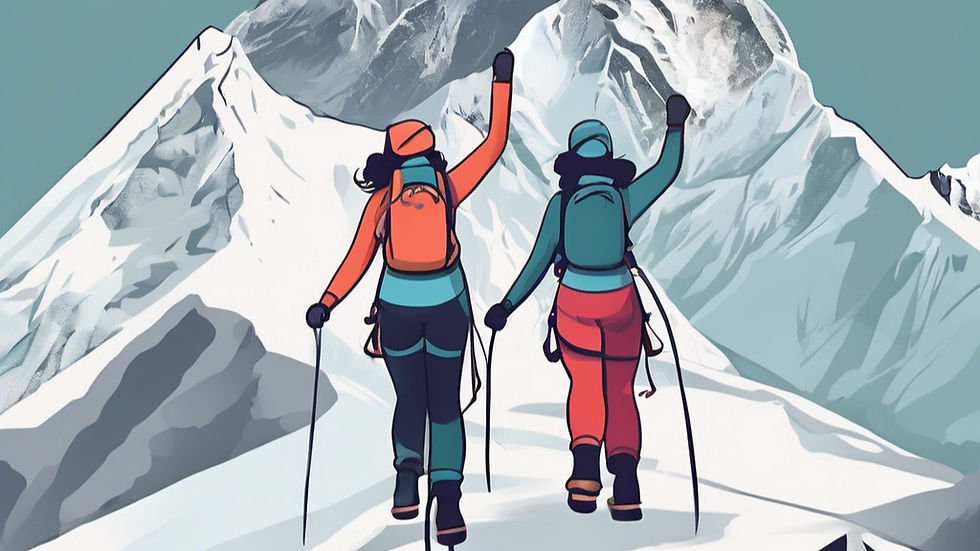Two climbers triumphantly reach the summit of a snow-covered mountain, celebrating their achievement against the backdrop of majestic peaks.