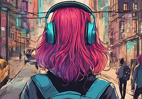 Woman with colourful hair with headphones and backpack travelling through the city