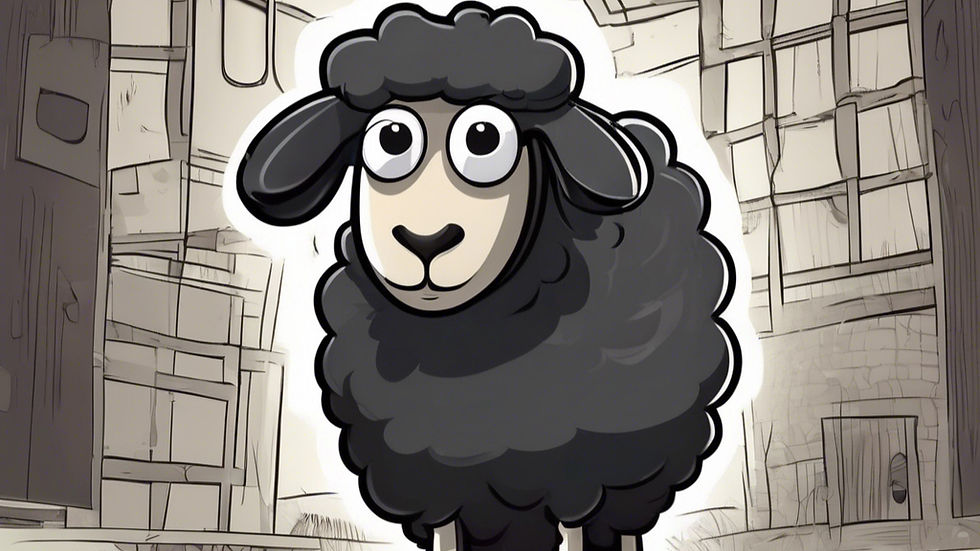 A cartoonish black sheep with large, expressive eyes stands amidst a backdrop of abstract, sketched buildings, creating a whimsical urban setting.