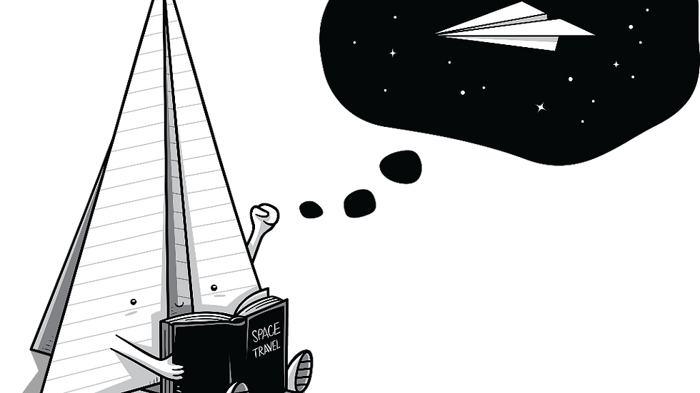 A whimsical illustration of a paper aeroplane reading a "Space Travel" book, dreaming of flying through the stars like its paper plane counterpart in the night sky.