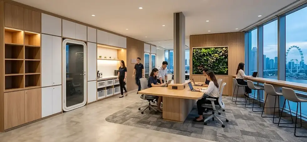 A modern, high-rise Singapore office by Cosmos Decor, demonstrating innovative office interior design. The image highlights a "chaos to cosmos" philosophy with built-in workstations and extensive timber carpentry, showing how an experienced office renovation contractor optimizes real estate efficiency through flexible office renovation.