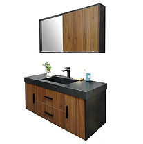 Contemporary wall-hung bathroom storage cabinet with dark stone top and natural wood drawers.