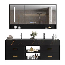 Light luxury black marble double wash basin cabinet with gold handles and smart integrated LED mirror.