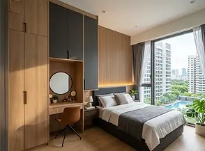 Master bedroom interior design with custom floor-to-ceiling wooden wardrobes and a built-in vanity desk. This seamless condo renovation by Cosmos Decor creates a tranquil, organized sleeping space with high-quality finishes and optimized floor plans.