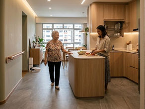 A modern Singapore HDB flat living room and kitchen designed by Cosmos Decor, featuring "Invisible Accessibility" with curved wood cabinetry, wider walkways, and non-slip grey tiles. An elderly woman and a younger woman interact in the warm, Japandi-style multi-generational space.
