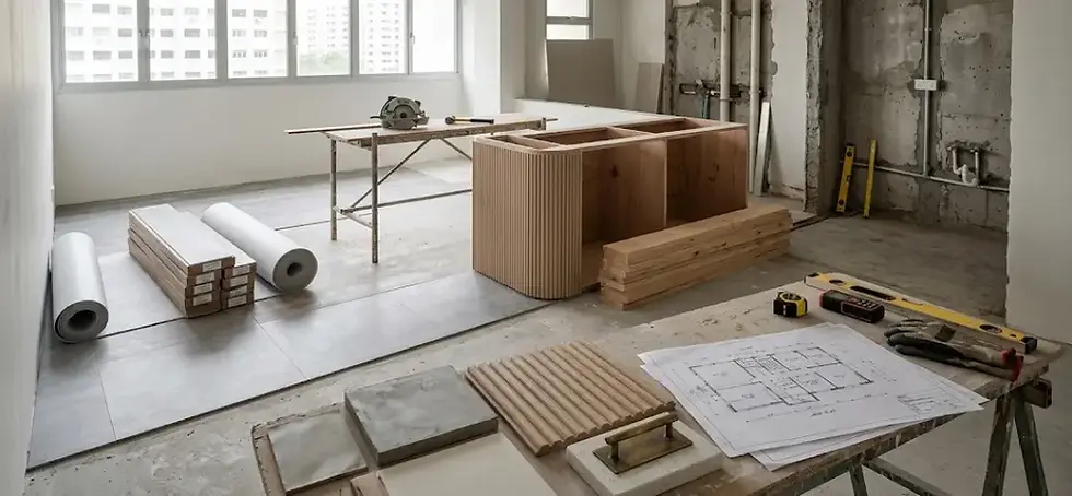 A detailed close-up of a renovation & construction site inside a Singapore home, capturing the process of building a custom kitchen island with curved fluted carpentry, alongside essential tools and raw materials like timber planks and vinyl flooring boxes.