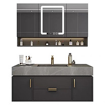 Nordic modern dark grey bathroom cabinet with marble countertop and square backlit LED smart mirror.