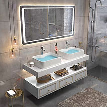 Dual-basin marble vanity for master bathroom renovations, factory-direct carpentry by Cosmos Decor Singapore.