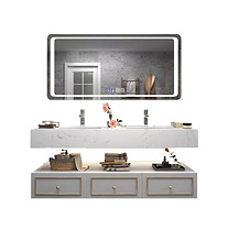 Modern floating marble double basin vanity with grey drawers and horizontal rectangular LED mirror.