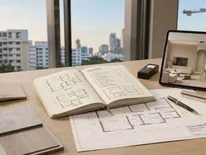 An essential planning layout on a wooden desk showing a 4-room HDB floor plan, a design checklist, and a sample board, illustrating the critical preparatory steps taken before engaging a direct renovation contractor in Singapore.