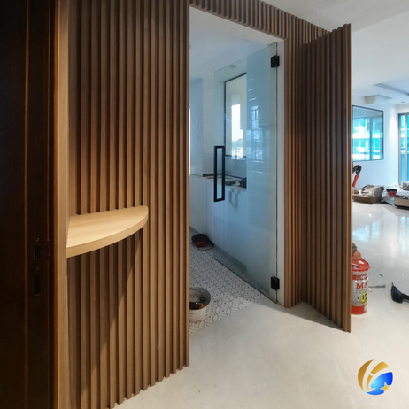 home renovation and walkway fluted wall panel custom carpentry at Fernvale Link Sengkang
