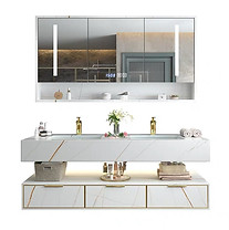 Light luxury white marble wash basin cabinet with gold hardware and three-door mirrored medicine cabinet.