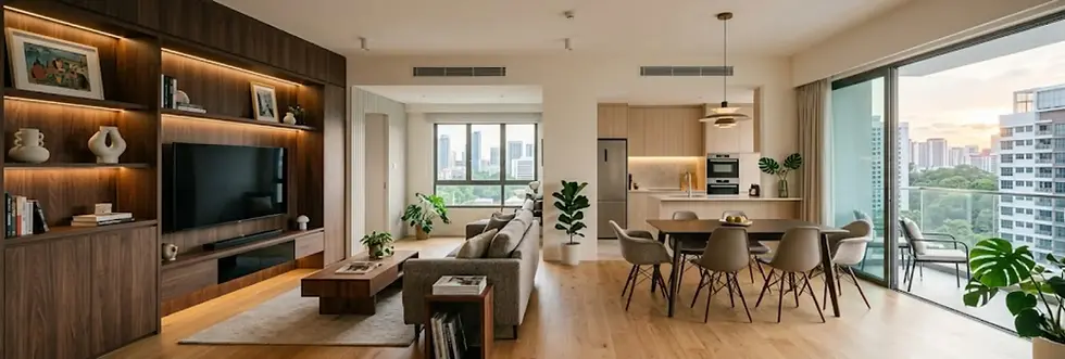 Luxury condo renovation in Singapore by Cosmos Decor featuring a spacious open-plan living room and designer kitchen. The interior showcases premium carpentry, a custom TV feature wall, and modern furniture, positioned as a leading renovation contractor Singapore service for private homeowners.