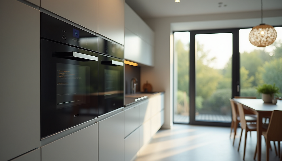 Bespoke kitchen carpentry by Cosmos Decor featuring integrated black ovens and minimalist handleless cabinets in a Singapore residential renovation.