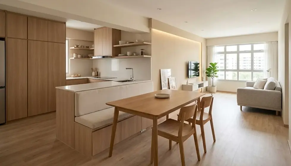 Minimalist 3-room HDB kitchen and dining room renovation ideas from Cosmos Decor. As an expert renovation contractor Singapore, we maximize space with custom cabinetry and a clever integrated dining set.