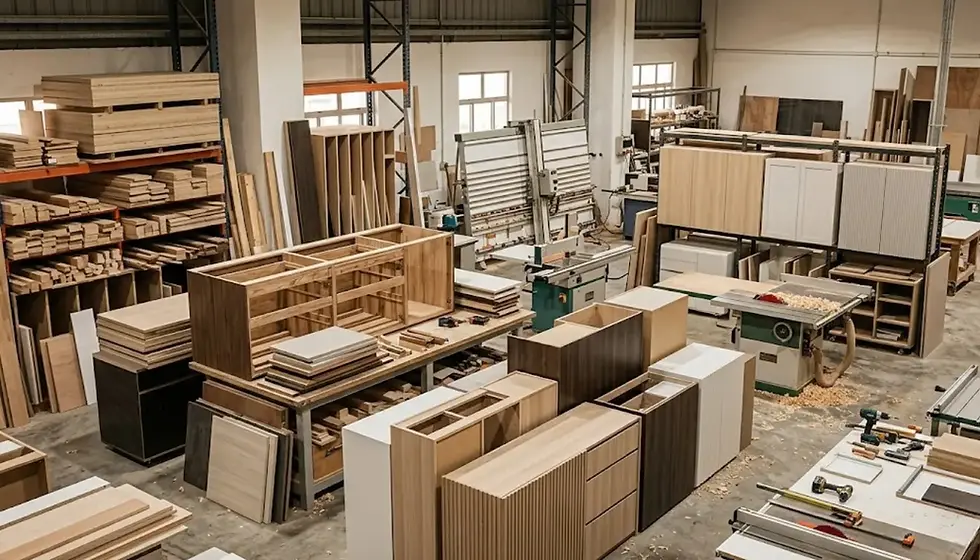 A wide view of the 17,400 sq ft factory floor where Cosmos Decor, a renovation contractor in Singapore, fabricates custom furniture for home projects.