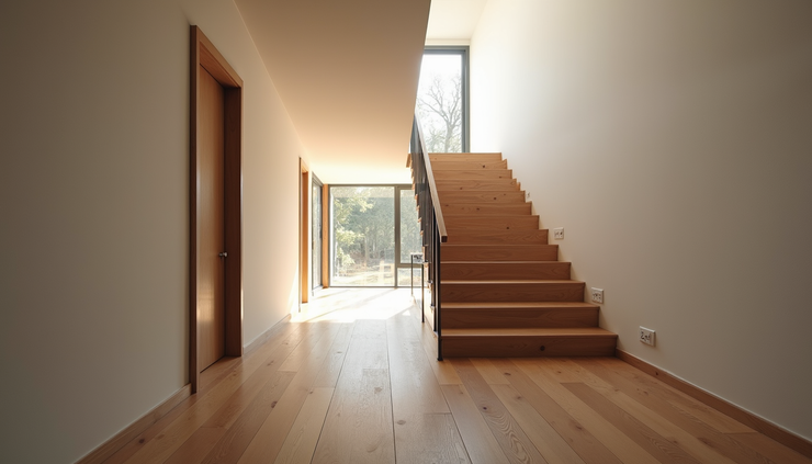 Eye-level view of a modern staircase with durable wooden flooring in a multifamily building