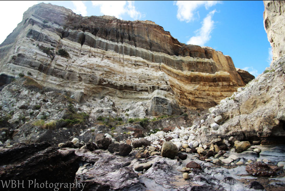 Sediment layers clearly defined on the side of a cliff. This is in New Zealand on the coast near Napier. 