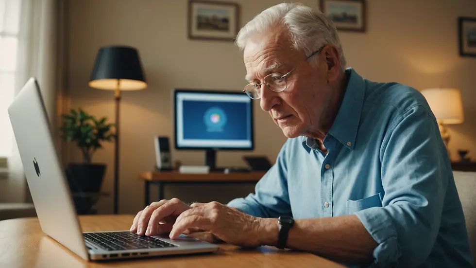 Eye-level view of a senior citizen using a computer