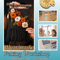Weaving and Felting Projects including a stunning fall wall hanging. Information on our upcoming classes in Collingwood, Classes in Barrie, and Classes in Wasaga Beach