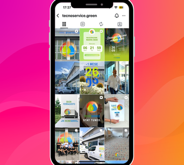 Gestione social media Tecnoservice Srl, con grafica professionale sui toni blu e verde acido; si riportano esempi di portfolio social e comunicazione eventi, realizzata da ID Communication.