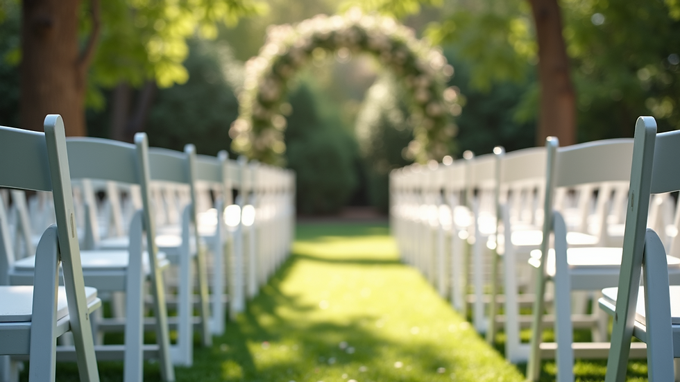 Eye-level view of elegant white chairs arranged in a garden setting