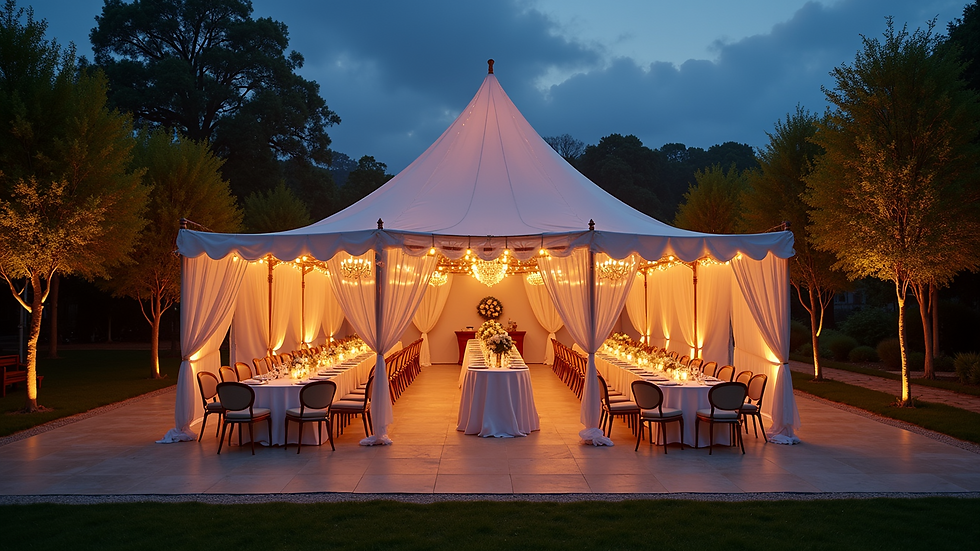 High angle view of a luxury event tent setup with elegant lighting and décor