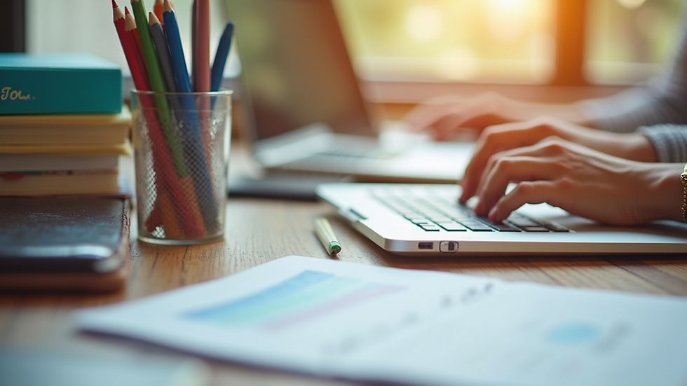 Close-up view of a well-organized workspace with colorful stationery