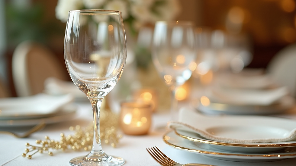 Close-up view of a luxurious gold and white table setting with crystal glassware