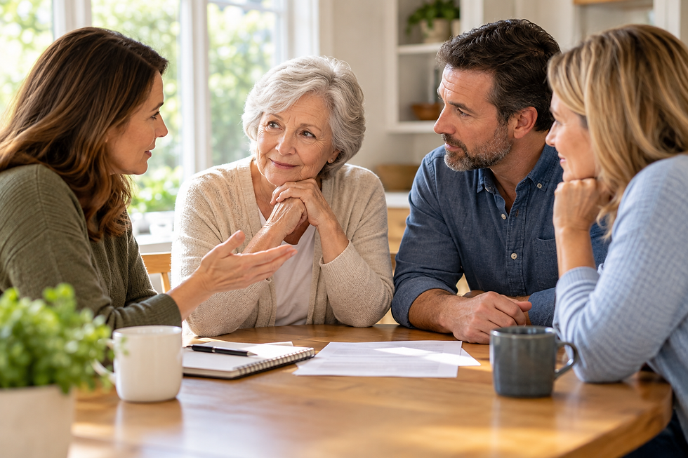 Older mother sitting with her three adult children around a kitchen table, discussing family healthcare decisions and estate planning in a warm, comfortable home.