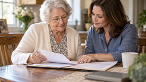Older mother and adult daughter reviewing estate planning documents together at a kitchen table.