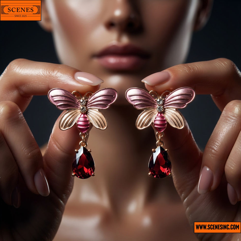 model showcasing a pair of Butterfly-Inspired Drop Ear-Rings Red