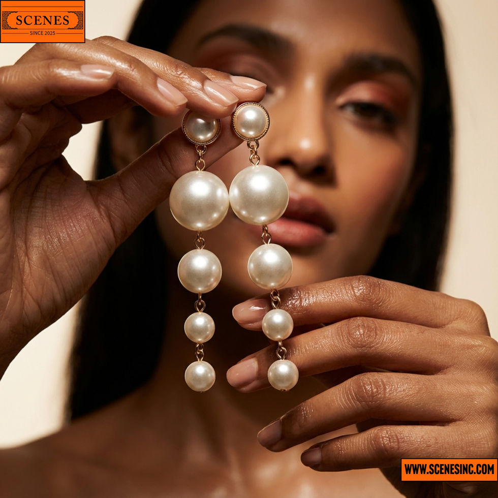 model showcasing a pair of Scintillating Chunky Statement Pearl Drop Ear-Rings